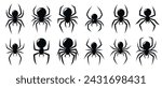 Set of black silhouette spider icon isolated on white background. Top,side and front view