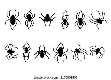 Set of black silhouette spider icon isolated on white background. Halloween scary doodle great for any purposes logo, print, decorative sticker