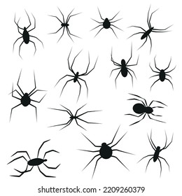 Set of black silhouette spider icon isolated on white background. Top view