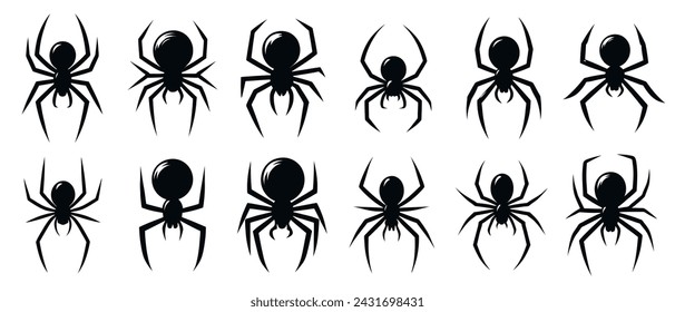 Set of black silhouette spider icon isolated on white background. Top,side and front view