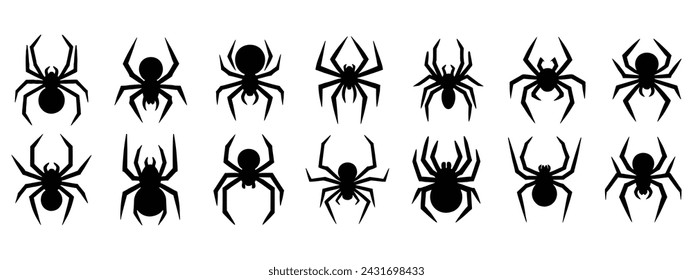 Set of black silhouette spider icon isolated on white background. Top,side and front view