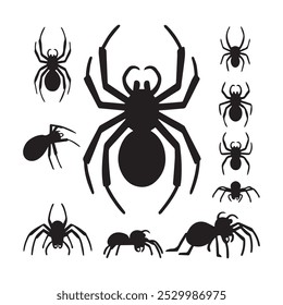 Conjunto de silhueta preta ícone de aranha isolado, aranhas pretas definido no fundo branco