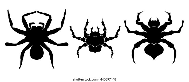 Set of black silhouette spider icon isolated on white background. Top,side and front view