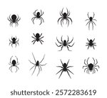 set of black silhouette spiders vector design
