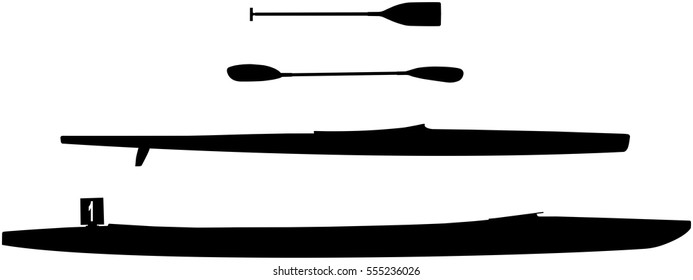 set black silhouette sports kayak and canoe and paddle