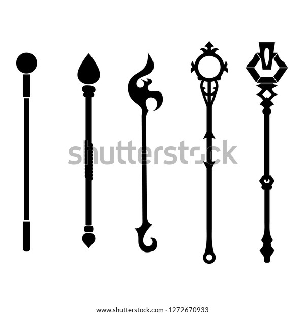 Set of Black Silhouette Staff Icons\
isolated on white background. Magic Wand, Scepter, Stick, Rod.\
Vector Illustration for Your Design, Game, Card,\
Web.