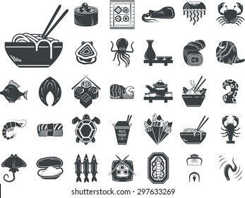 Set of black silhouette stylish vector icons for seafood and japanese food. Sushi set, serving, fish, shellfish, exotic food and other for business and website