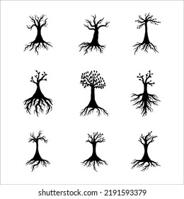 Conjunto de ilustraciones de raíces de árbol de silueta negra 