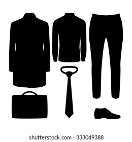 Set of black silhouette trendy men's clothes with coat, shirt, trousers and accessories. Men's wardrobe. Vector illustration