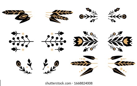 Set of black silhouette tribal natural dividers and gold ornaments. Horizontal elements for frames. Geometric flower and branch. Vector native element for greeting card, invitation and your creativity