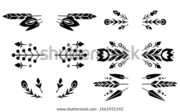 Set\
of black silhouette tribal natural dividers. Horizontal elements\
for frames. Geometric flowers and branches. Vector native element\
for greeting cards, invitations and your\
creativity.