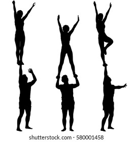 Set Black silhouette two acrobats show stand on hand. Vector illustration