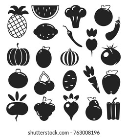 Set black silhouette various fruits and vegetables on a white background. Abstract design logo. Logotype art - vector EPS