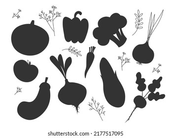 Set black silhouette various vegetables on a white background. Abstract design logo. Logotype art - vector EPS