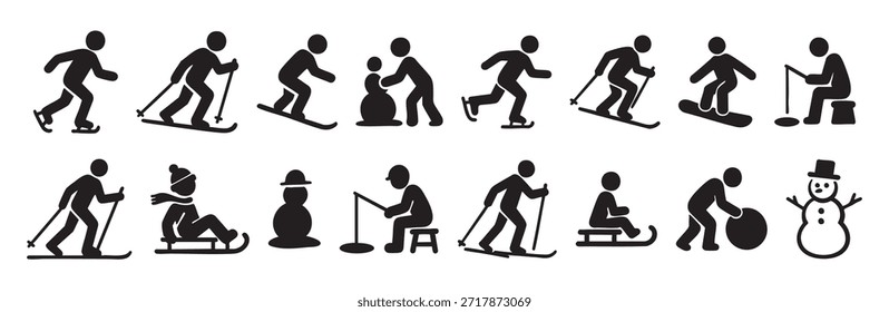 SET - Black silhouette of various winter activities including skiing, snowboarding, sledding, and snowman building, isolated on white background. concept of winter sports, fun, seasonal recreation.
