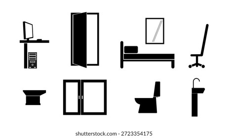 A set of black silhouette vector icon representing home, office, and bathroom furniture. Includes desk, computer, wardrobe, bed, chair, toilet, bidet, and sink elements.