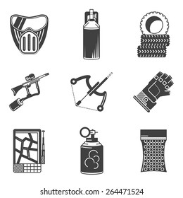 Set of black silhouette vector icons for paintball equipment and accessory on white background.