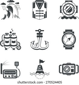 Set of black silhouette vector icons for marine equipment and objects on white background.