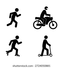 Eine Reihe schwarzer Silhouetten-Vektorsymbole, die verschiedene einzelne Sportarten und Transportarten darstellen. Dazu gehören Laufen, Motorradfahren, Rollschuhlaufen und ein Rollerfahrer.