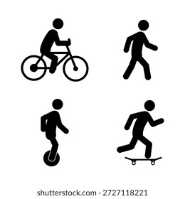 Un conjunto de iconos vectoriales de silueta negra que representan varias actividades deportivas individuales y modo de transporte. Incluye correr, montar en bicicleta, monociclo y uso de monopatín.