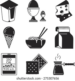 Set of black silhouette vector icons for lunch or breakfast menu on white background. 