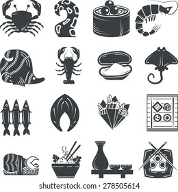 Set of black silhouette vector icons for elements of seafood menu on white background. 