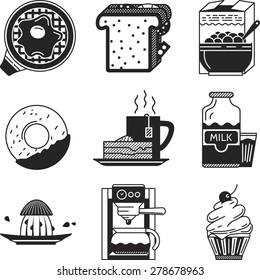 Set of black silhouette vector icons for breakfast and lunch menu on white background.