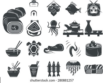 Set of black silhouette vector icons for seafood and asian menu elements on white background.