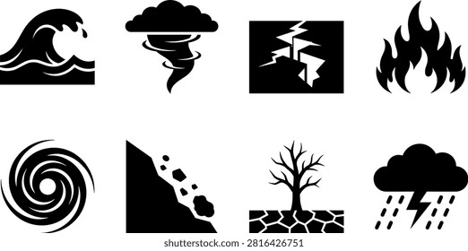 A set of black silhouette vector icons representing natural disasters, extreme weather events, and environmental cataclysms isolated on a white background. Designed for emergency preparedness guides, safety signage, climate change infographics, and news broadcasts.