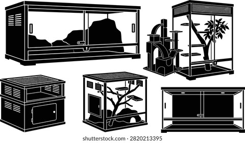 A set of black silhouette vector icons featuring various reptile terrariums, wooden vivariums, and small pet habitats with branches and interior decor. Ideal for pet shop graphics, herpetology supplies catalogs, animal housing guides, and web design.