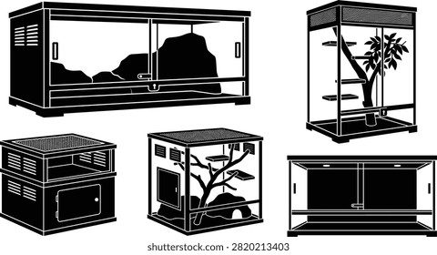 A set of black silhouette vector icons featuring various reptile terrariums, wooden vivariums, and small pet habitats with branches and interior decor. Ideal for pet shop graphics, herpetology supplies catalogs, animal housing guides, and web design.