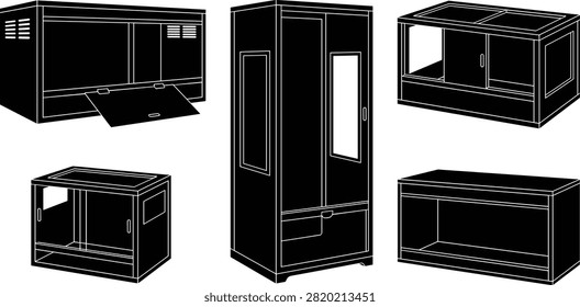 A set of black silhouette vector icons featuring various reptile terrariums, wooden vivariums, and small pet habitats with branches and interior decor. Ideal for pet shop graphics, herpetology supplies catalogs, animal housing guides, and web design.