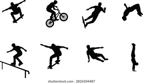 A set of black silhouette vector illustrations showcasing extreme action sports, including skateboarders, a BMX rider, a snowboarder, parkour athletes, and an inline skater. Perfect for sports posters, street culture branding, event flyers, and youth lifestyle graphics.