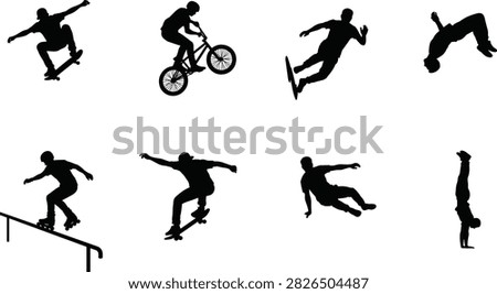 A set of black silhouette vector illustrations showcasing extreme action sports, including skateboarders, a BMX rider, a snowboarder, parkour athletes, and an inline skater. Perfect for sports posters, street culture branding, event flyers, and youth lifestyle graphics.