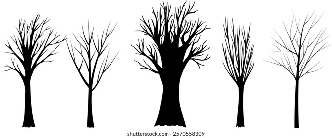 Set of black silhouette vector trees with bare branches, perfect for winter-themed designs, nature projects, logos, or minimalist artwork. 