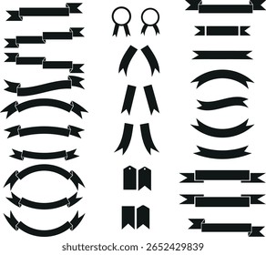 Set of black silhouette vectors including ribbons, badges, and labels in curved, straight, and folded shapes for general design use.