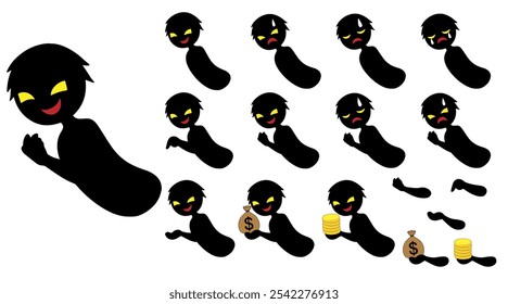 A set of black silhouette villains and money