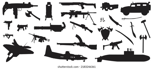 Satz von schwarzen Silhouette-Waffe Vektorgrafik. Sammlung von Pistolen, Gewehren, Schusswaffen, Katana, Messer, Hammer, Militärtank, Flugzeuge, U-Boote, Revolver, Schwert. Vektorwaffe und Militärflugzeug-Set.