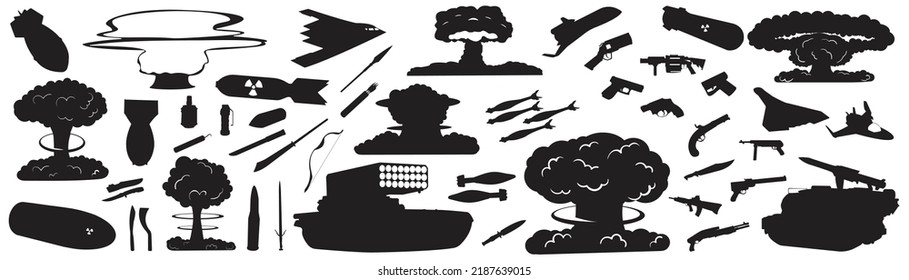 Conjunto de vectores de arma de silueta negra. Colección de pistolas, pistolas, escopetas, katana, cuchillo, tanque militar, aviones, revólveres, nuclear, explosión de bomba. Armamento vectorial y conjunto de aviones militares.