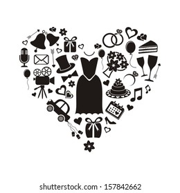 Set of black silhouette wedding icons inside a heart shape