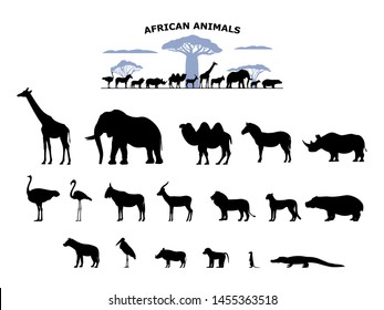 Set Of Black Silhouette Wild African Animals On An Isolated White Background. Collection Of Various Animals Of Africa. Vector Illustration Group Of Logo Icons, Side View.