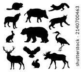 Set of black silhouette wild forest steppe animals. Vector illustration isolated on white, side view profile. Collection woodland animals. EPS
