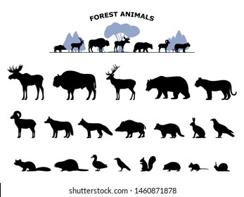 Set of black silhouette wild forest steppe animals. Collection woodland animals. Vector illustration isolated on white, side view profile.