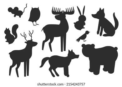 Set of black silhouette wild forest steppe animals. Vector illustration isolated on white, side view profile. Collection woodland animals. EPS