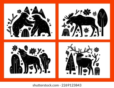 Set of black silhouette wild forest steppe animals. Vector illustration isolated on white, side view profile. Collection woodland animals. Bears, elk, deer, wolf. Woodland animal characters 