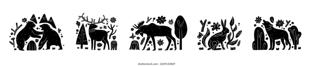 Conjunto de siluetas negras silvestres estepas silvestres. Ilustración vectorial aislada en el perfil de vista lateral blanco. Recolección de animales de bosque. Perros, alces, ciervos, lobos, liebre. 