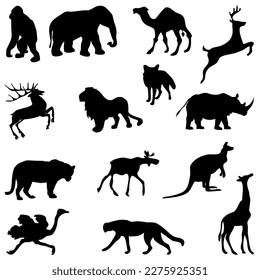 Set of black silhouette wild forest steppe animals.