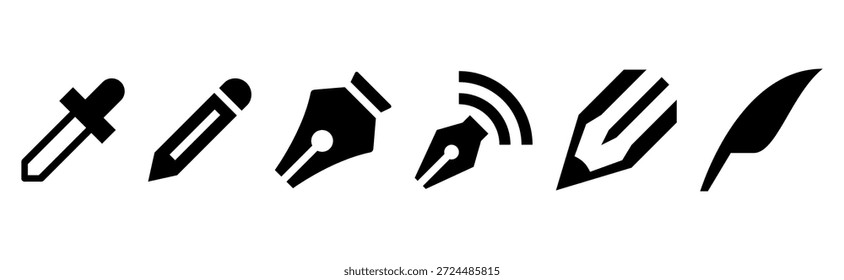 Set of black silhouette writing tools icons including pen, pencil, fountain pen nib, ink dropper, and calligraphy pen. Minimalist flat design suitable for graphic design, education, office supplies, stationery concepts