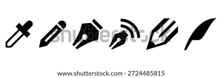 Set of black silhouette writing tools icons including pen, pencil, fountain pen nib, ink dropper, and calligraphy pen. Minimalist flat design suitable for graphic design, education, office supplies, stationery concepts