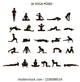 Set of Black silhouette Yoga Poses vector illusttation. Woman doing yoga ,  stretching set. Yin  yoga posture